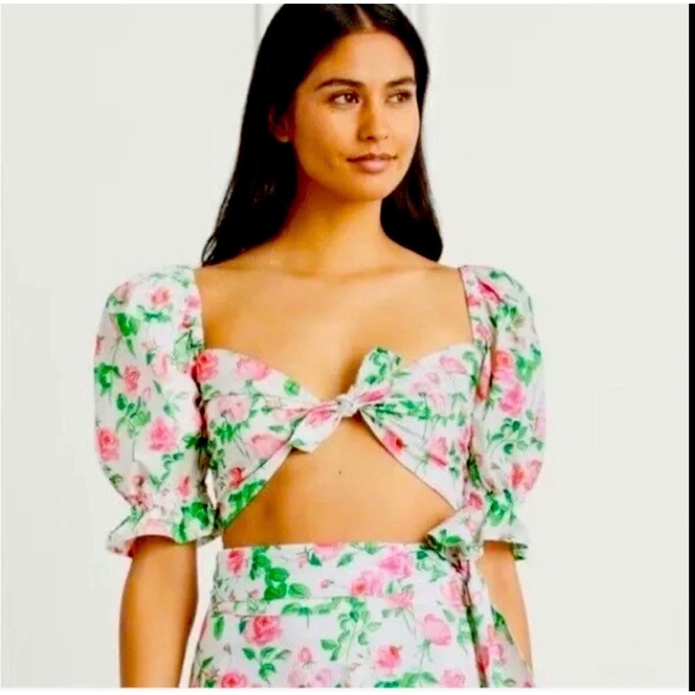 Hill House Home Isabella Pink Rose Floral Puff Sleeve Crop Top XS Sweetheart